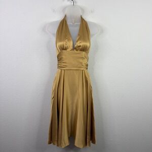 Vintage Mannequines Dress Women 2 Gold Silk Halter Neck Ruched Sexy Glam Elegant